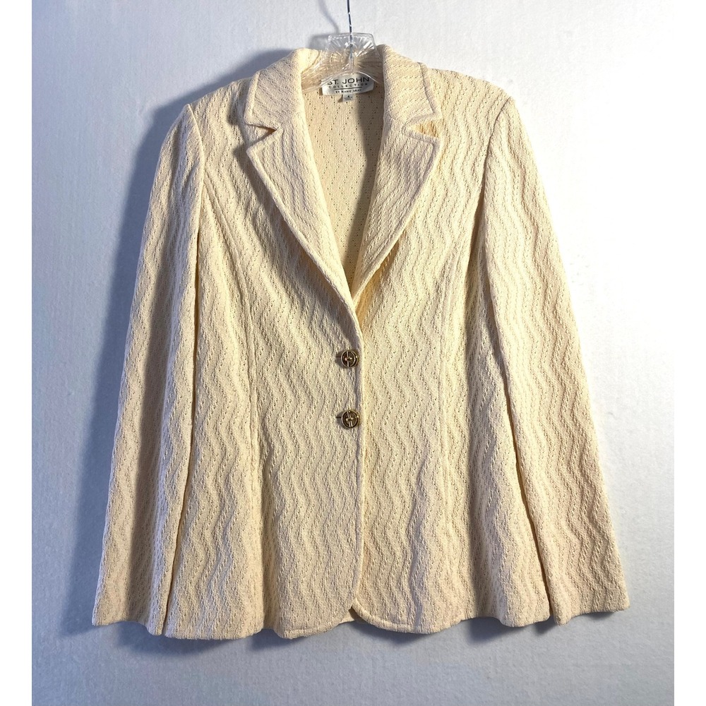 VTG St John Collection Marie Gray Cream Knit Blazer Grommet Ribbon Back Size 4
